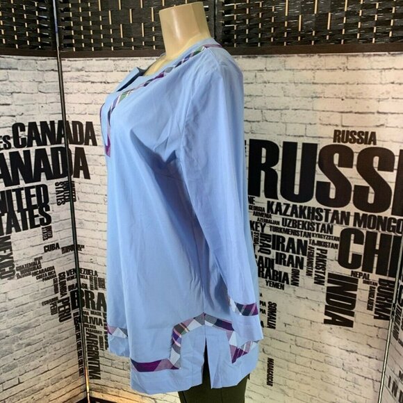 Jeffery Banks L Blue Split Neck Plaid Trim Top - Picture 5 of 6